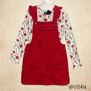 NWT Cynthia Rowley Girls 2pc Red Corduroy Jumper Set w/ School Print Top Sz 5